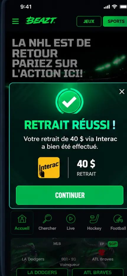 Beazt Sports, retrait réussi de 40 $ via Interac sur une interface de paris sportifs.