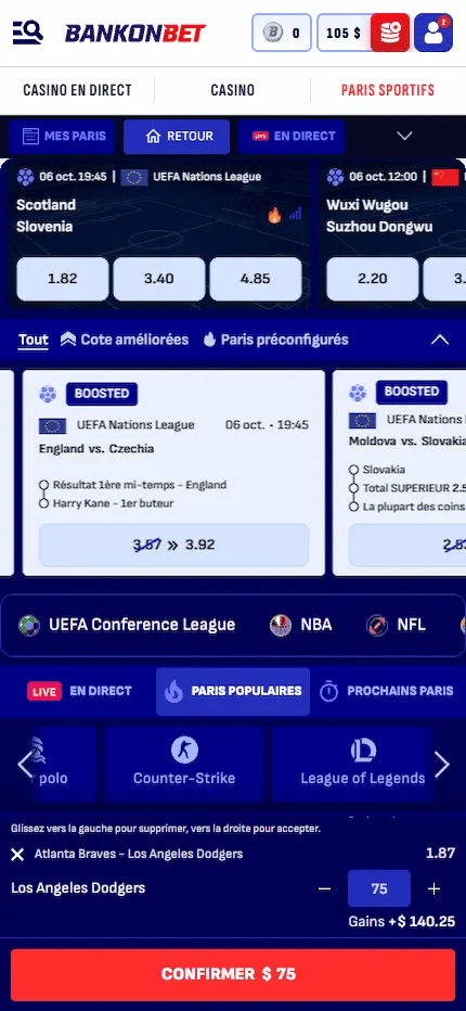BankonBet paris sportifs en ligne avec matchs de football en direct, cotes améliorées et coupon de pari de 75 $.