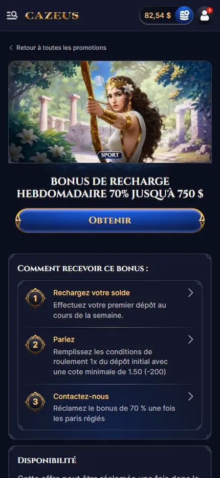 Promotion Cazeus Casino avec bonus de recharge hebdomadaire de 70 % jusqu’à 750 $, illustrée par une archère grecque