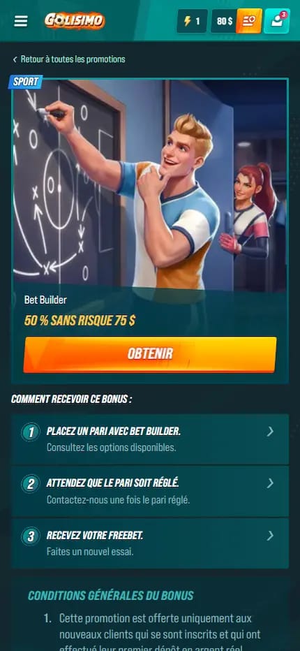 Promotion Golisimo Bet Builder avec bonus de 50 % sans risque jusqu’à 75 $ et instructions pour recevoir le bonus.