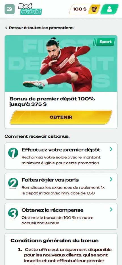 Promotion Betalright pour les paris sportifs avec bonus de premier dépôt de 100 % jusqu’à 375 $, illustrée par un joueur de football.