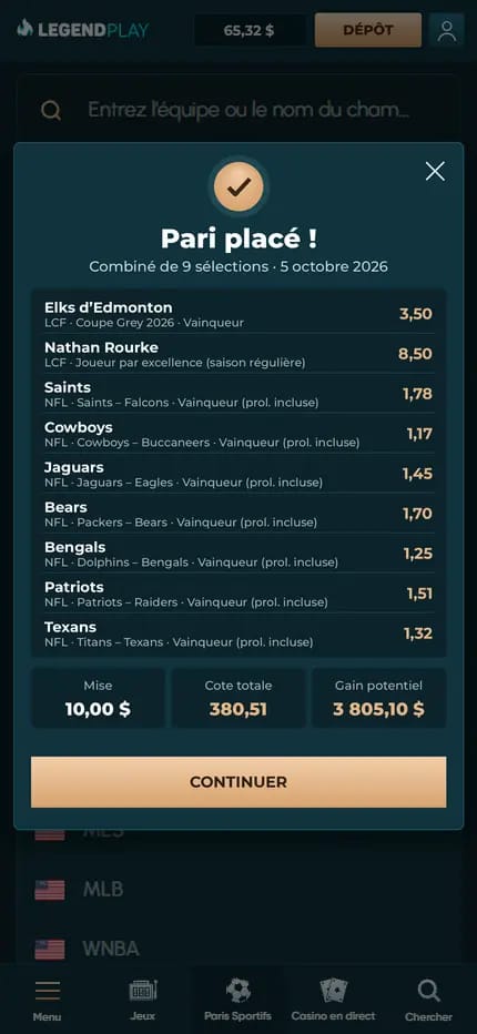 Coupon combiné de 9 sélections LCF et NFL placé sur LegendPlay :www.parissportifcanada.ca-137(1).webp