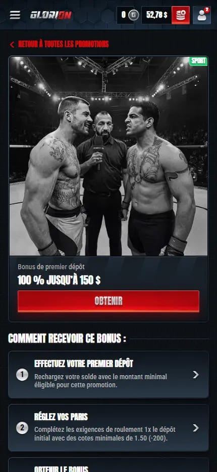 Interface du bonus de bienvenue sport sur Glorion qui est de 100 % jusqu