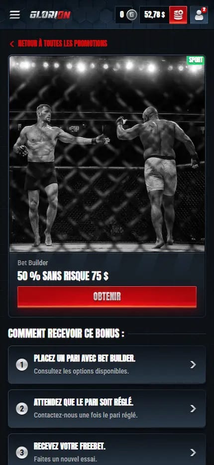 Interface desktop du bonus de créateur de pari sur Glorion qui est de 50 % jusqu